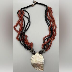 ☀️ RARE! MOTHER OF PEARL LEAF PENDANT VTG Art Deco NECKLACE Coral WOOD BEAD 25”